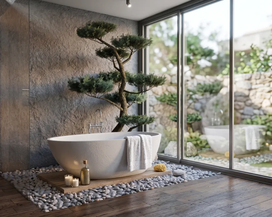 Łazienka japandi z wanną wolnostojącą i bonsai